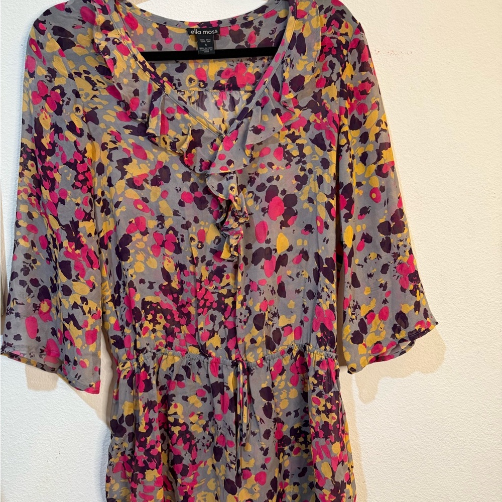 ELLA MOSS Women’s Multicolor Print 3/4 Sleeve Ruffle V-Neck Size Sm Blouse